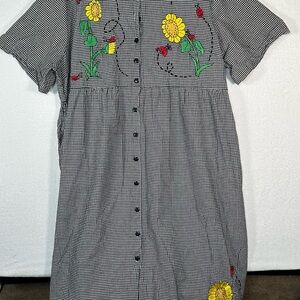 VTG Anna Maxwell 4X Plus Gingham Dress Sunflowers Ladybugs Embroidered Prairie